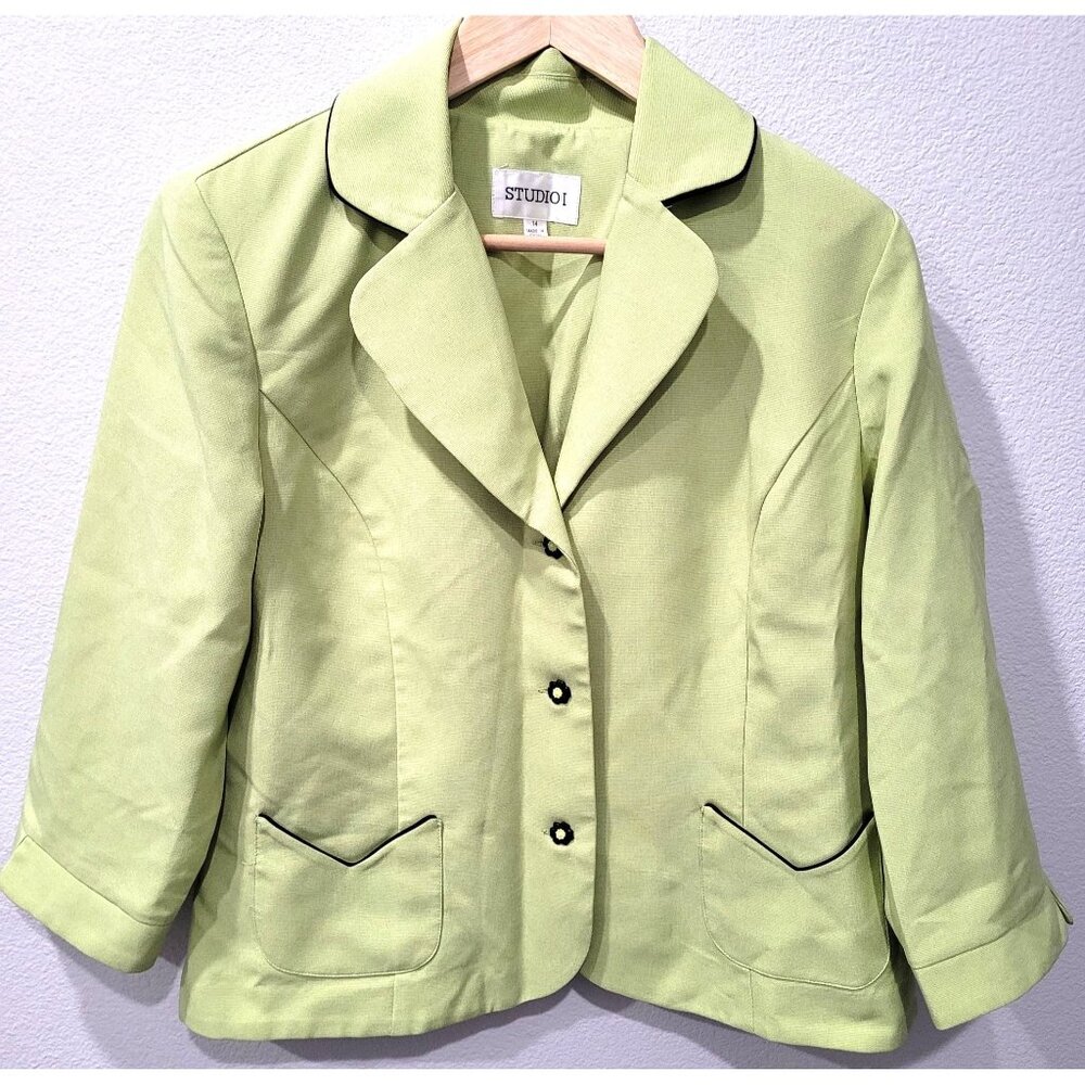 Studio I Womens Lime Green 3/4 Sleeve Blazer Jacket w/Black Trim Size 14